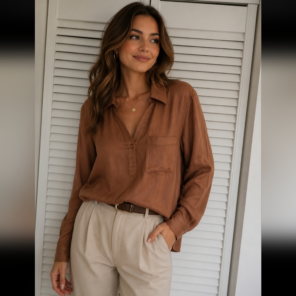 Young Fabulous & Broke Brown Buttonless Silk Blouse
